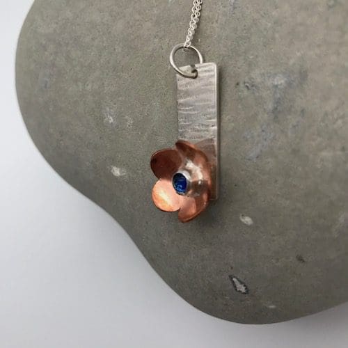 Handmade, eco-silver, copper and blue dichroic glass flower pendant - Image 2