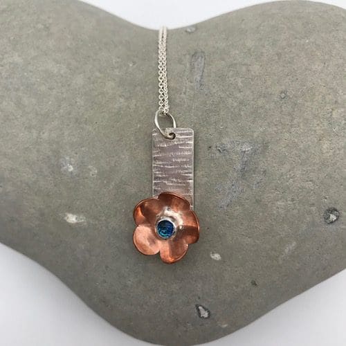 Handmade, eco-silver, copper and blue dichroic glass flower pendant - Image 4