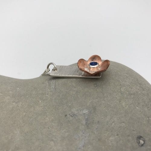 Handmade, eco-silver, copper and blue dichroic glass flower pendant - Image 3