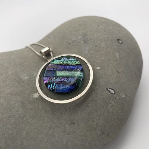 Handmade circular eco-silver and mosaic dichroic glass pendant