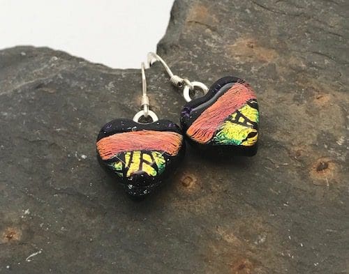 Heart shaped dangly dichroic glass earrings - Image 5