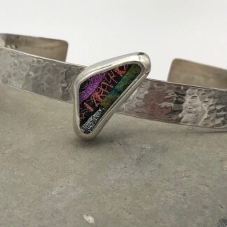 One of a kind hammered eco-silver bangle set with mosaic dichroic glass
