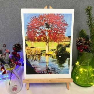 'Red Tree and bird in Autumn' A4 unframed Print