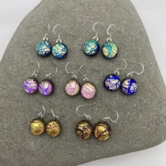Gold swirl pattern dichroic glass dangly earrings