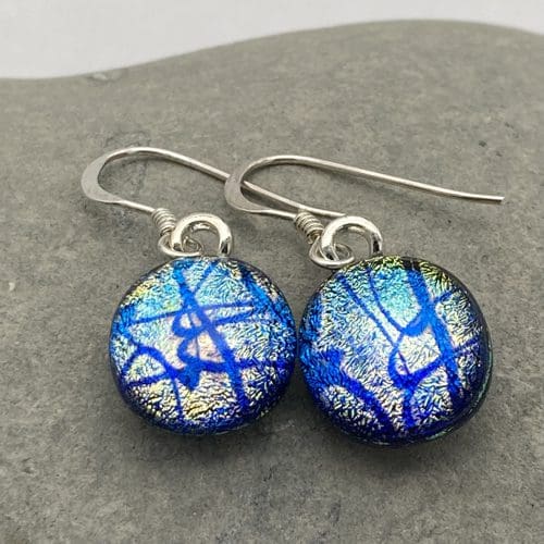 Gold swirl pattern dichroic glass dangly earrings - Image 2
