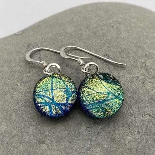 Gold swirl pattern dichroic glass dangly earrings - Image 3