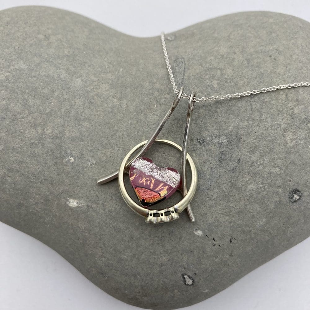 Dichroic glass heart ring saver necklace