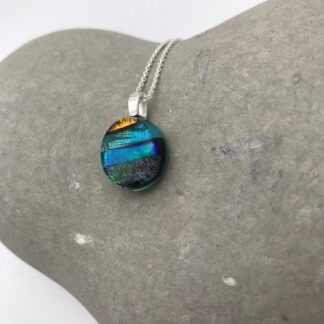 Teal oval shaped mosaic dichroic glass pendant