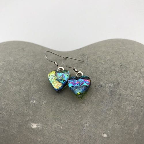 Heart shaped dangly dichroic glass earrings - Image 2
