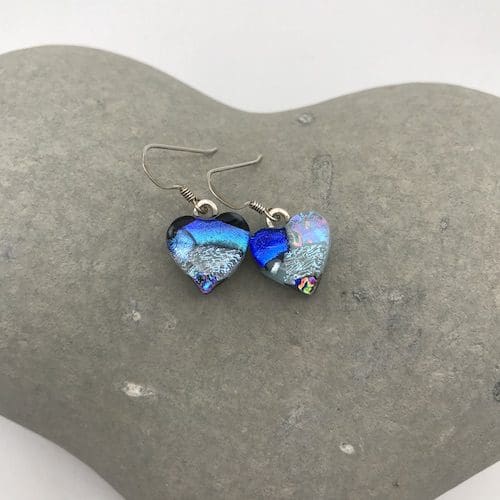 Heart shaped dangly dichroic glass earrings - Image 3