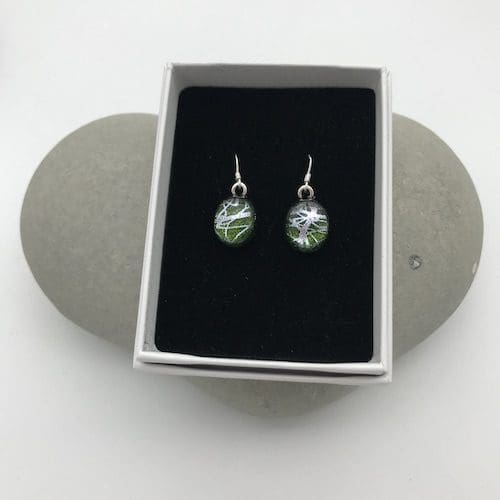 Silver swirl pattern dichroic glass dangly earrings - Image 3