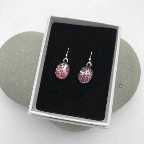 Silver swirl pattern dichroic glass dangly earrings - Image 2