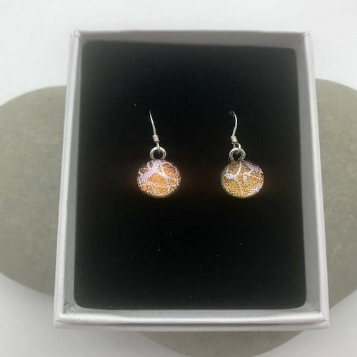Silver swirl pattern dichroic glass dangly earrings - Image 4