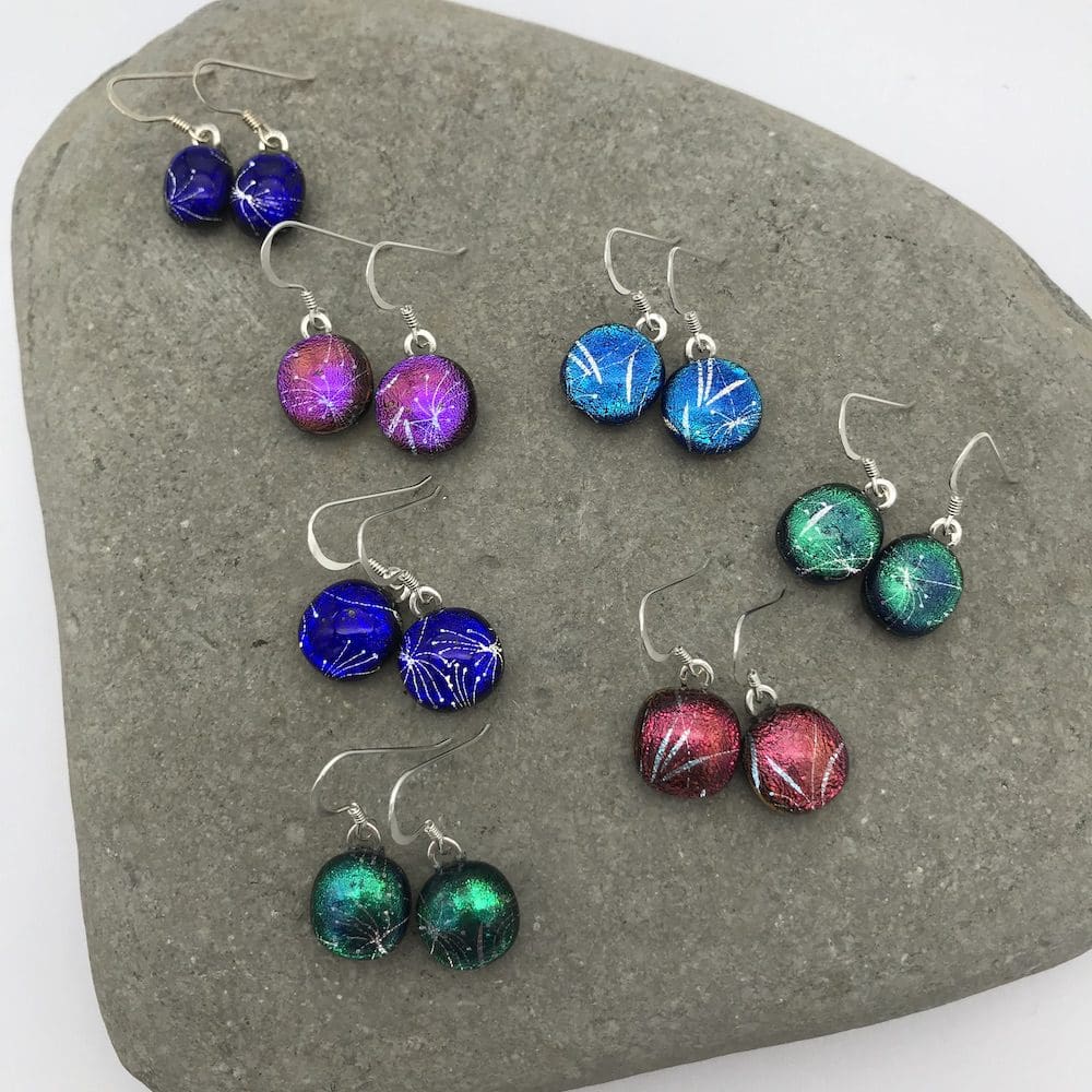 Dandelion pattern dichroic glass dangly earrings