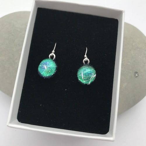 Dandelion pattern dichroic glass dangly earrings - Image 3