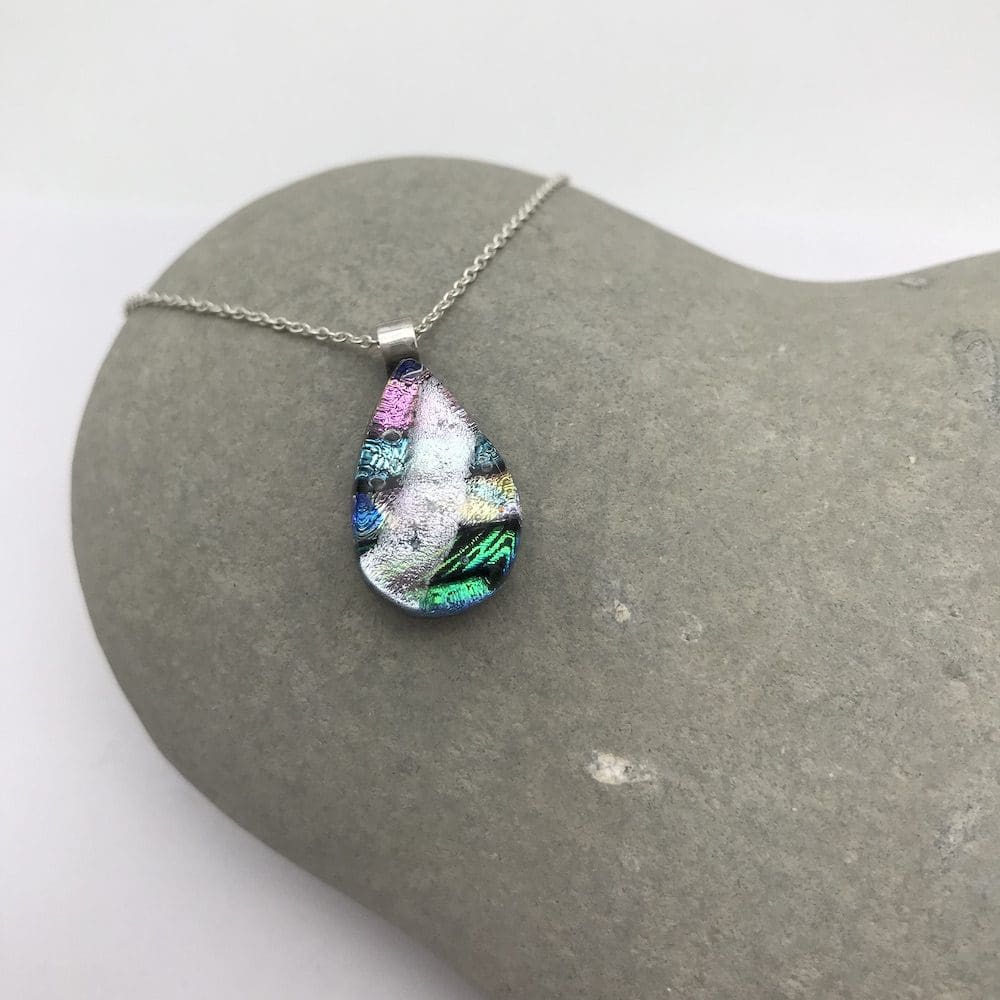 Multi-coloured teardrop shaped mosaic dichroic glass necklace