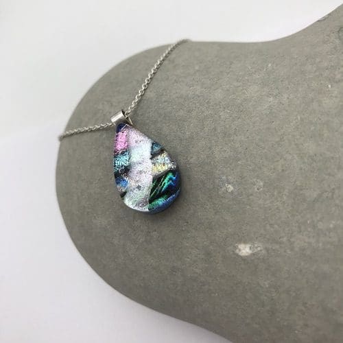 Multi-coloured teardrop shaped mosaic dichroic glass necklace - Image 3