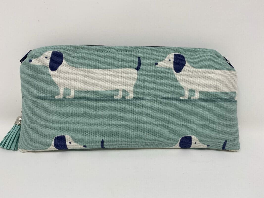 Zipped Sausage Dog Glasses Case. Turquoise Padded Dachshund Sunglasses Case - Image 3