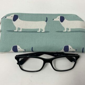 Zipped Sausage Dog Glasses Case. Turquoise Padded Dachshund Sunglasses Case