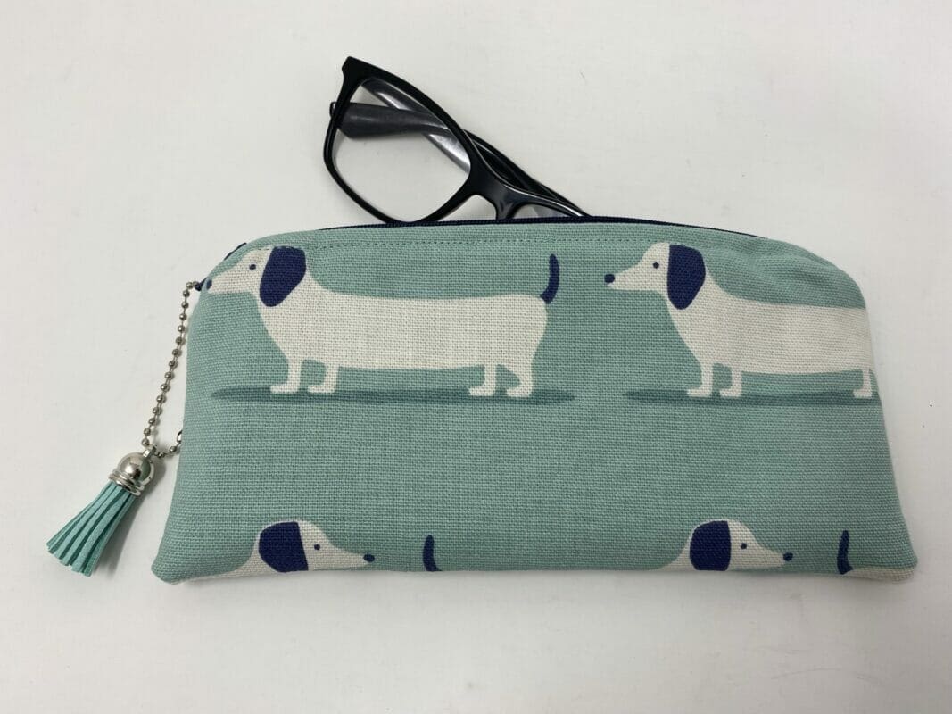 Zipped Sausage Dog Glasses Case. Turquoise Padded Dachshund Sunglasses Case - Image 2