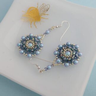 Iridescent Light Blue Beaded Mandala Earrings