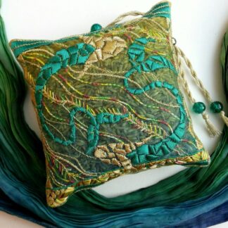 Mosaic FISH, embroidered and scented lavender bag, in jade green and gold colours