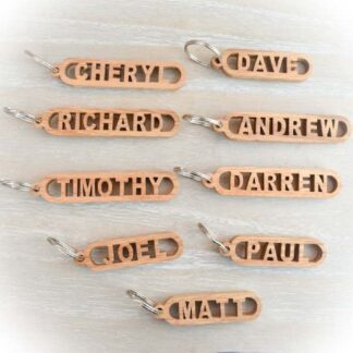 Personalised Oak wooden keyring with scroll saw name design