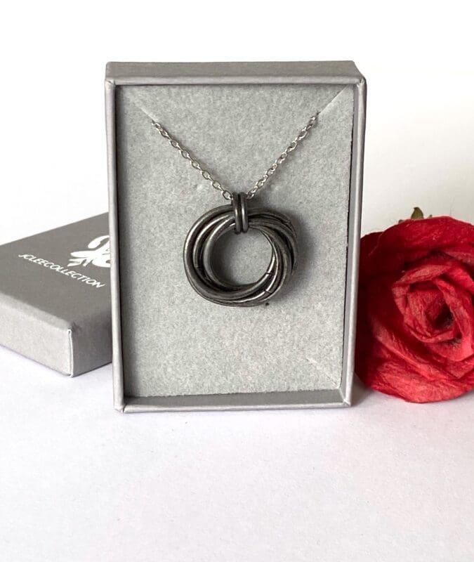Large Hammered Antique Black Iron Six Ring Mobius Necklace, 6th Anniversary Gift Idea for him or her.