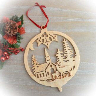 Layered Wooden Christmas Church Scene – Deer Woodland Hanging Decoration