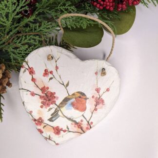 Robin and berries slate hanging heart Christmas decoration