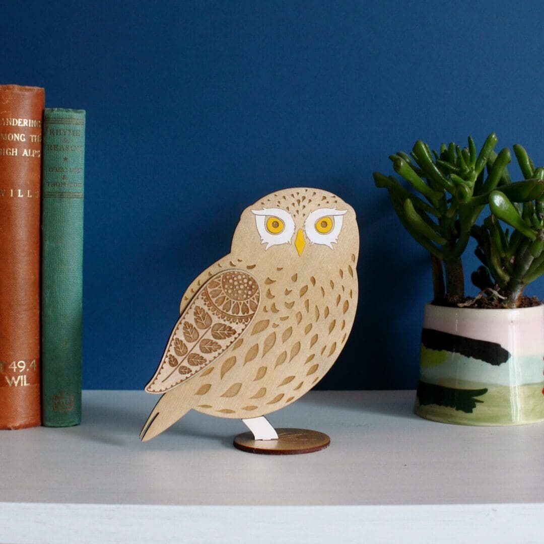 Standing Wooden Little Owl Decoration - Etched and Hand Painted - Image 3