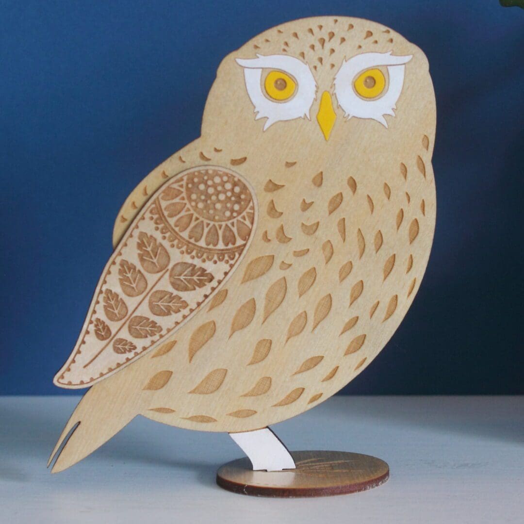 Standing Wooden Little Owl Decoration - Etched and Hand Painted - Image 2