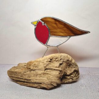 Stained Glass Robin on Driftwood