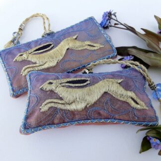 Misty Blue HARE, embroidered lavender pouch with light gold and blue coloured threads