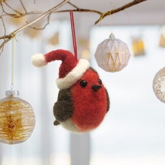 Needle felted Robin Christmas bauble with Santa hat