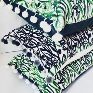 'Olive Flower' Cushion (charcoal/ green/ soya cream reverse/ neutral pom pom trim)
