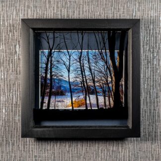 Painted Tree Silhouettes casts shadows across Snowy Mountain & Yellow Bus photograph, framed artwork by Pictures2Mixtures