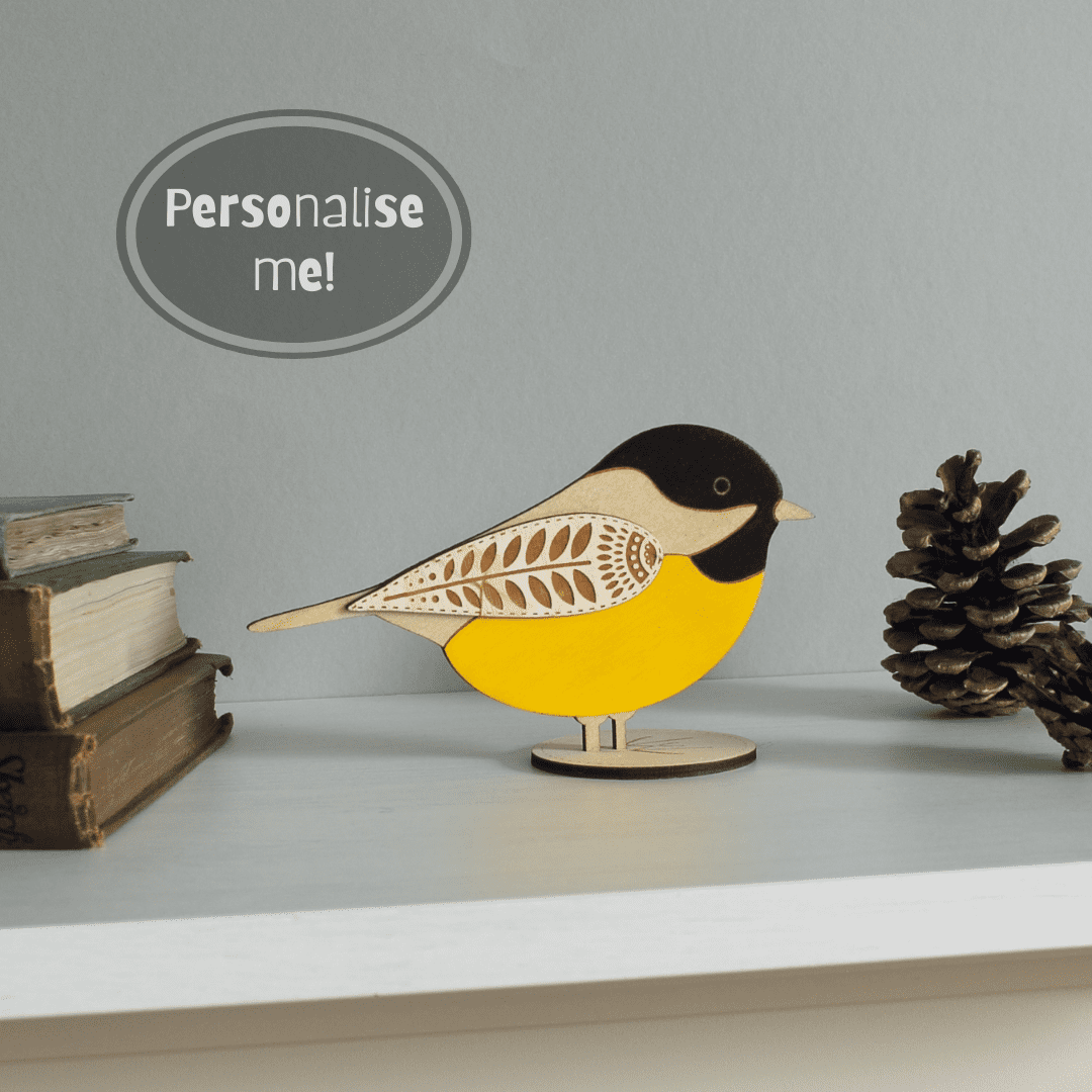 Standing Wooden Coal Tit Decoration - Etched and Hand Painted