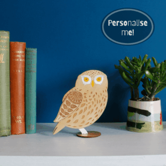 Standing Wooden Little Owl Decoration - Etched and Hand Painted