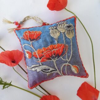 Red POPPIES, embroidered lavender pouch with beaded hanging loop,