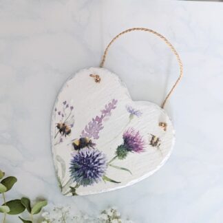 Handcrafted purple flowers and bees slate heart decoration mother's day gift