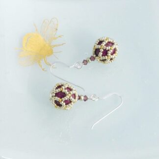 Purple and Silver Beaded Ball Earrings with Sterling Silver Earwires