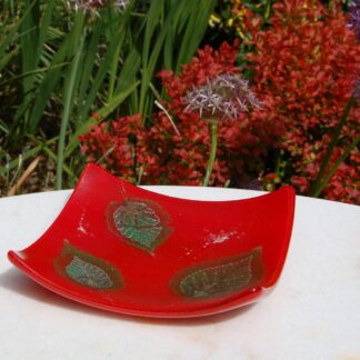 Red Glass Dish with leaf design