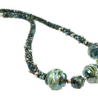 Handcrafted Shades of Green Raku focal Kumihimo Necklace