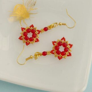 Red and Gold Beaded Star Earrings