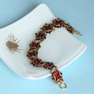 Red and Gold Beadwork Bracelet with Austrian Crystals