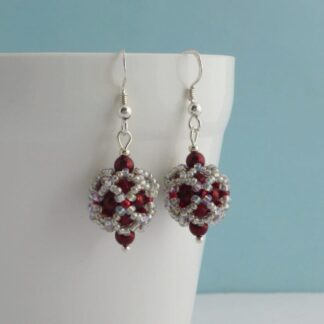 Silver and Metallic Dark Red Beaded Ball Earrings with Sterling Silver Earwires