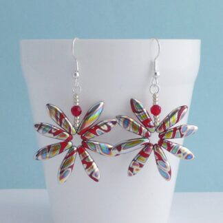 Funky Red Daisy Earrings with Peacock Patches