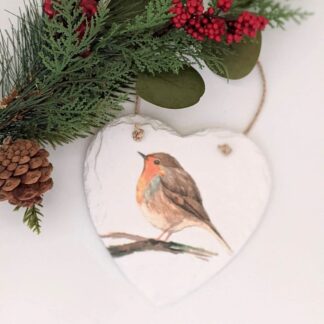 Handcrafted robin on a branch slate hanging heart decoration