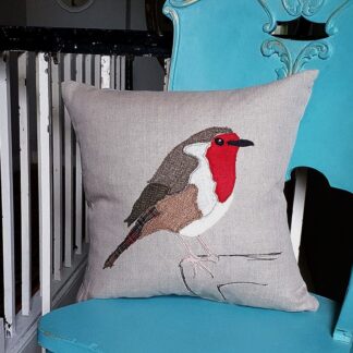 Applique Robin Cushion on natural linen